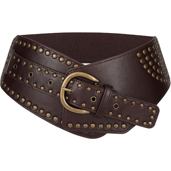Women Vintage Wide Elastic Studded Stretchy Waist Belt Rivet Metal Buckle Coffee main image 4